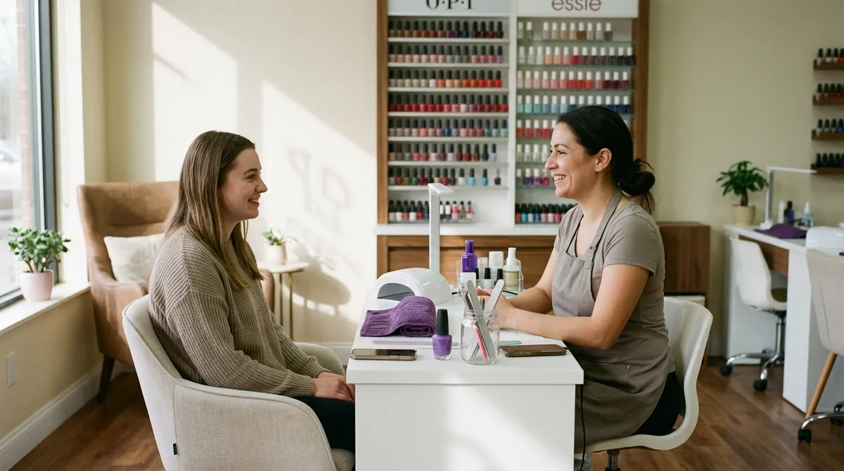 Prothésiste ongulaire accueillant une cliente dans son bar à ongles